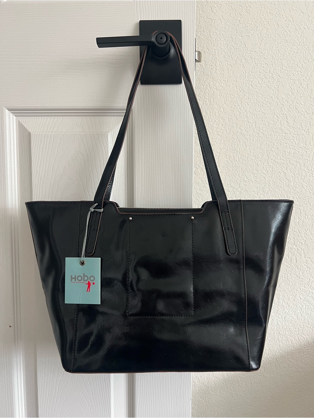 HOBO Ramonna Black Shiny Leather Tote with Slim Shoulder Straps